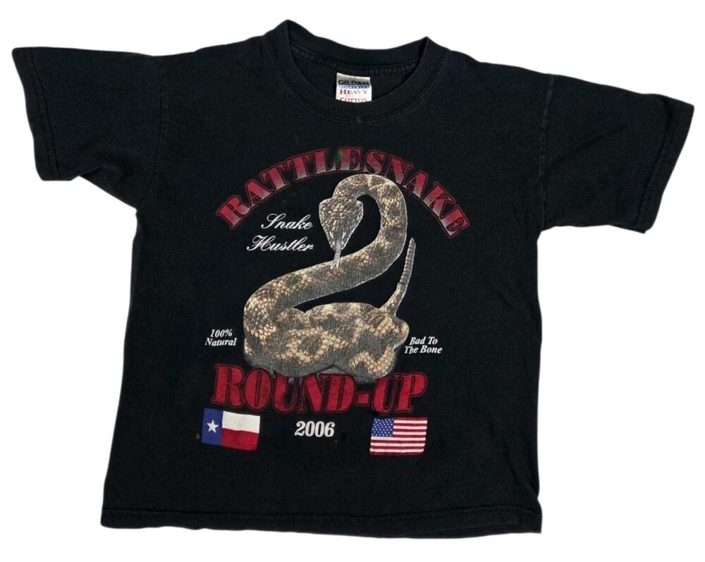 Vintage Youth Rattlesnake Round-Up T-Shirt Y2K Black Small Graphic Tee 2006